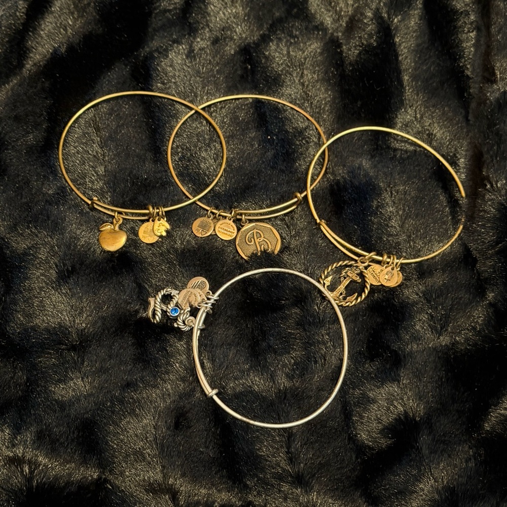 4  Alex & Ani Gold Anchor & Apple, Letter B & Silver Anchor w/Blue Stone